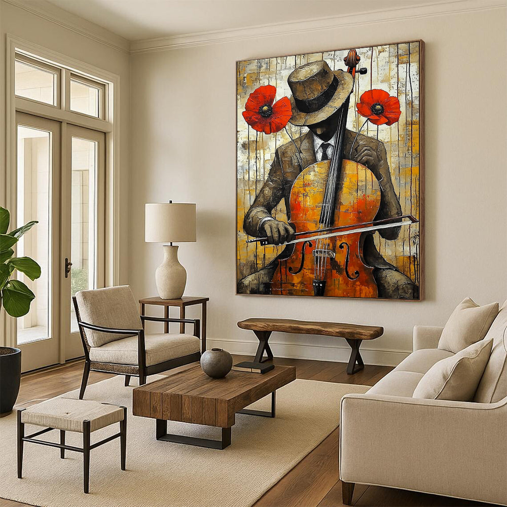 Contemporary abstract art featuring a cello player in vibrant yellow red and brown with dripping paint effect and urban background showcasing heavy brush strokes. DLZ1304