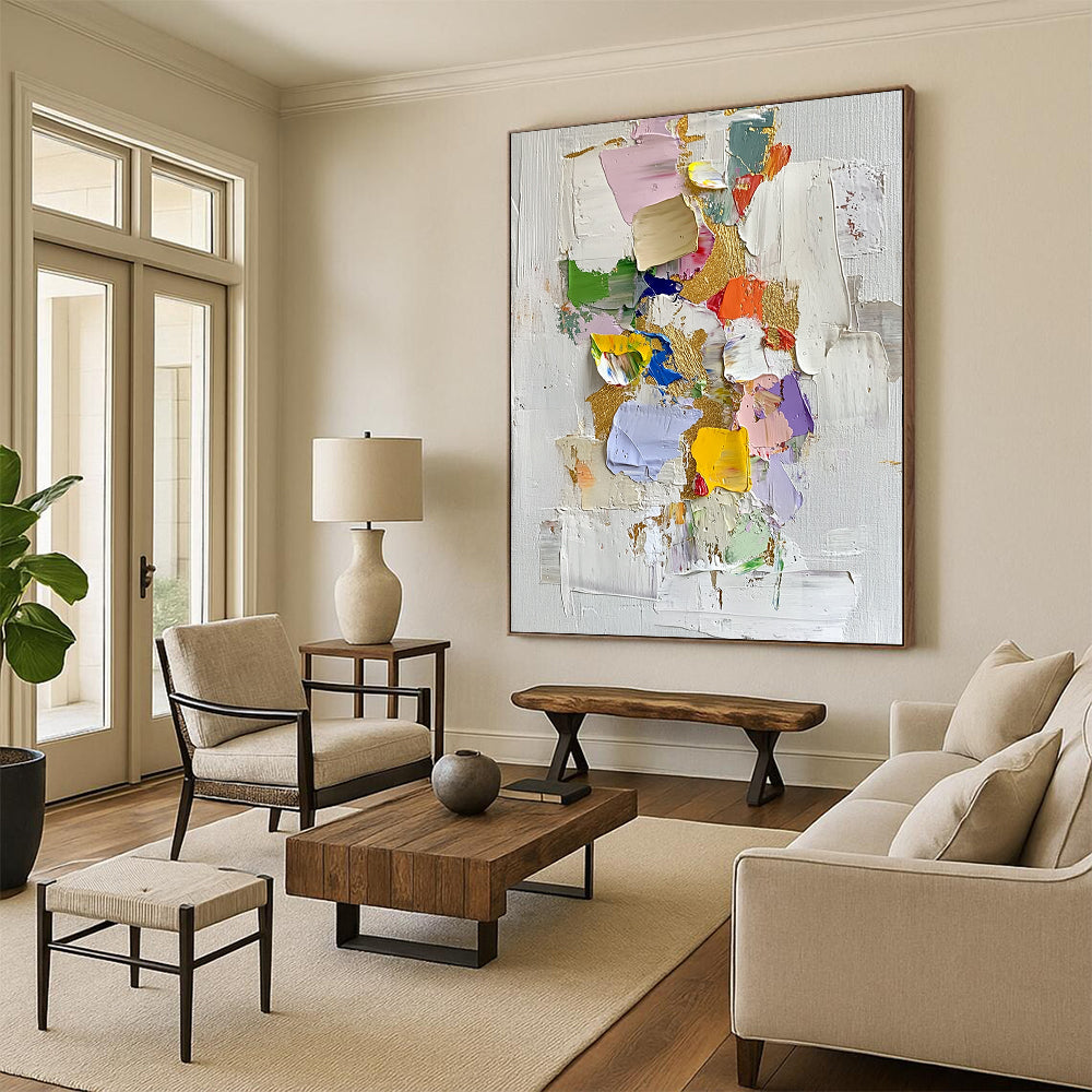 Contemporary abstract oil painting features gold leaf accents thick textures and vibrant colors on a white background with scattered colored paper pieces. DLZ0451