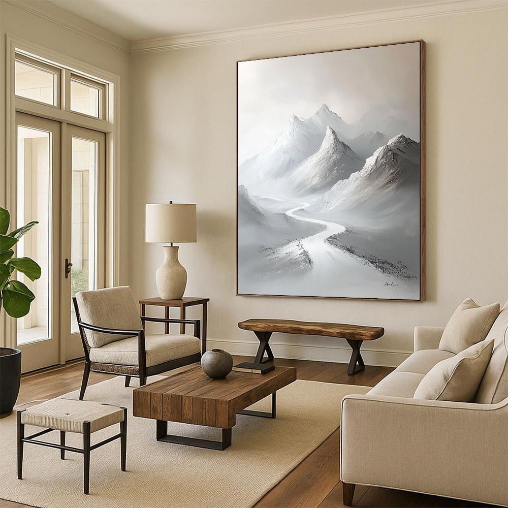 Contemporary large hand-painted abstract artwork featuring snow-covered mountains with a minimalist white palette and elegant brushstrokes on a gray background. DLZ1417