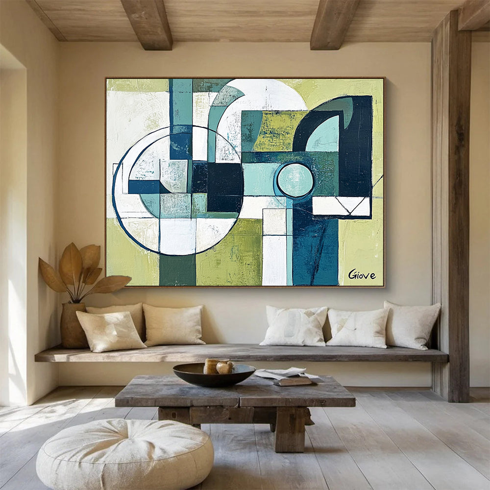 “Geometric Harmony” - Green, Blue, White, Abstract Geometric Shapes Painting On Canvas HB1063