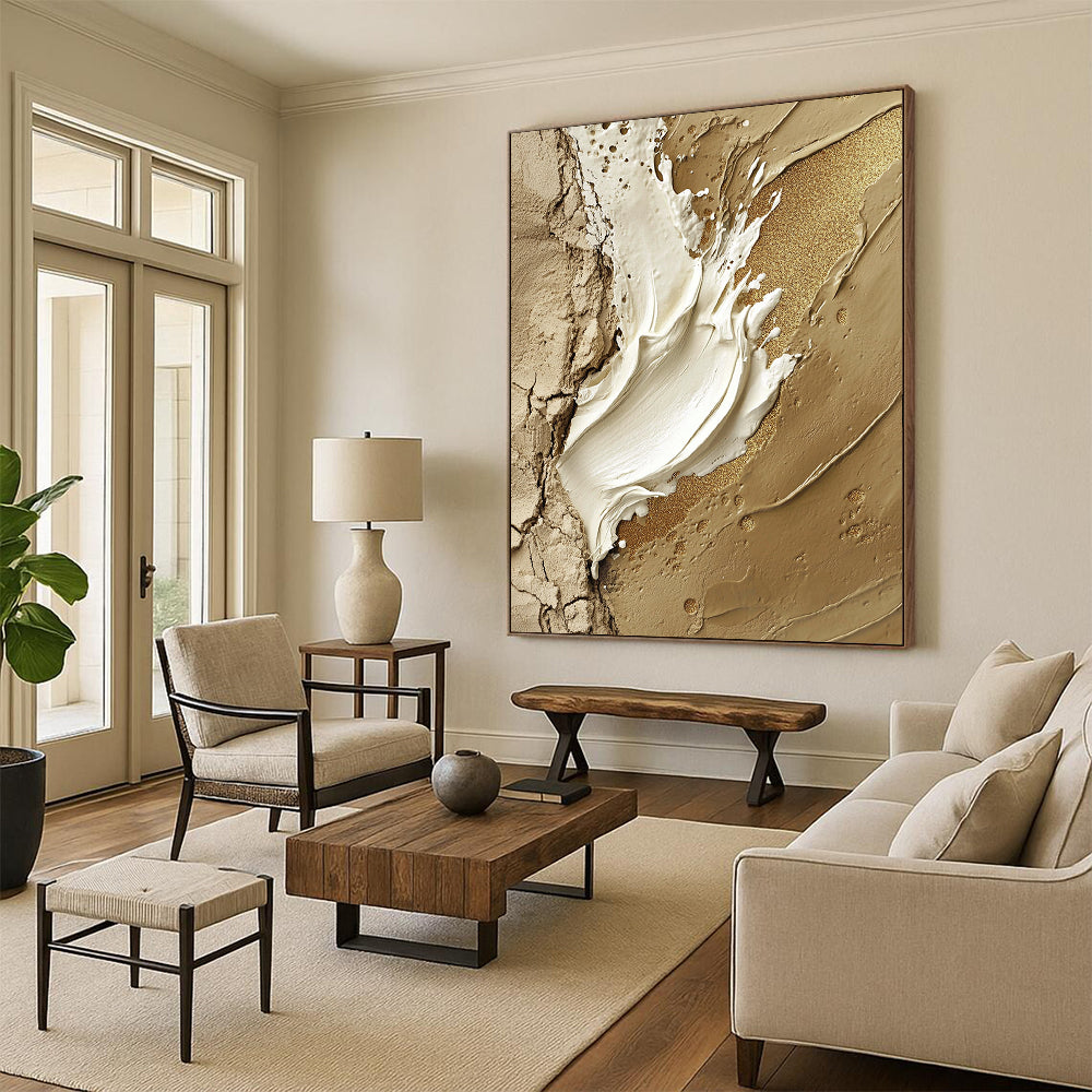 Contemporary hand-painted abstract art featuring a central white paint stroke adorned with gold glitter accents on a rugged stone-like background. DLZ1195