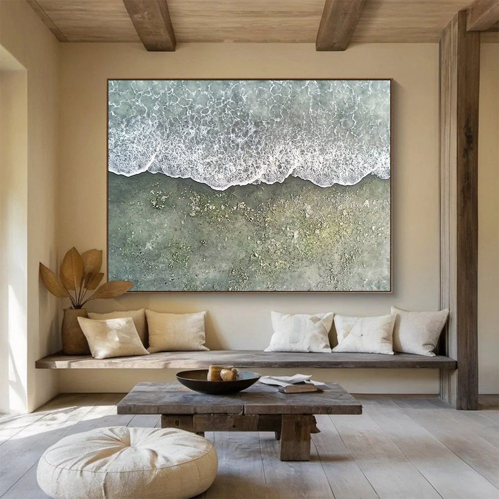 Aerial View of Foamy Waves on Sandy Beach - Realistic Coastal Painting On Canvas HB0487