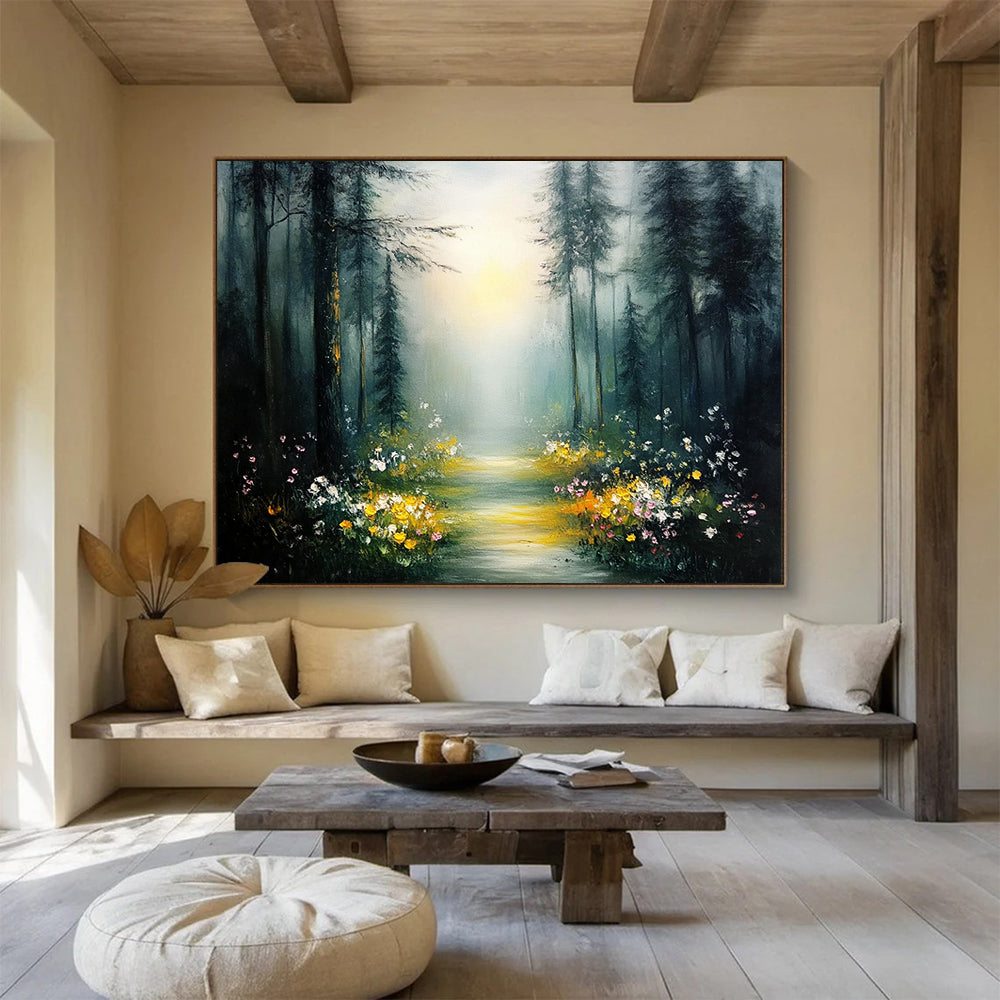“Enchanted Forest Trail” - Vibrant Yellows, Pinks, Greens, Flower - Lined Forest Path - Whimsical Oil Painting HB1691