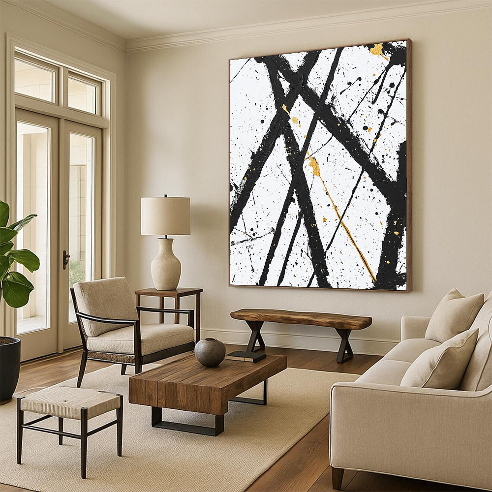 Black, White, Gold, Crossed Lines "Golden Intersection" Abstract Expressionist Painting On Canvas HB048