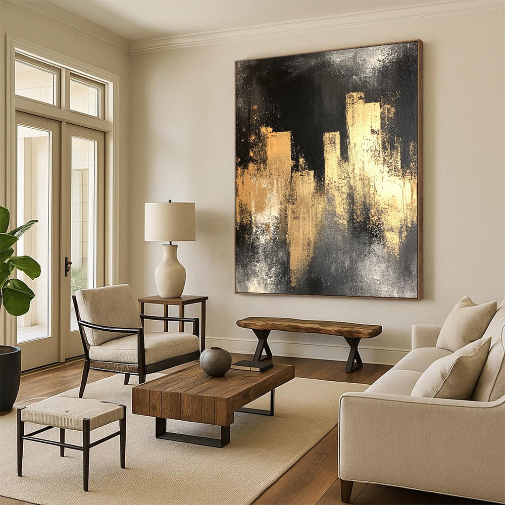 Contemporary hand-painted abstract art featuring a black silhouette of city lights with gold and silver hues on a distressed dark grey background. DLZ0901