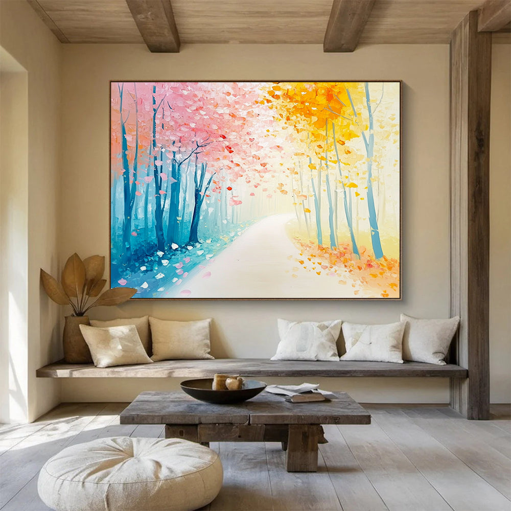 “Pastel Forest Pathway” - Dreamy path lined with pink and yellow trees, Impressionist Landscape Painting On Canvas HB0538