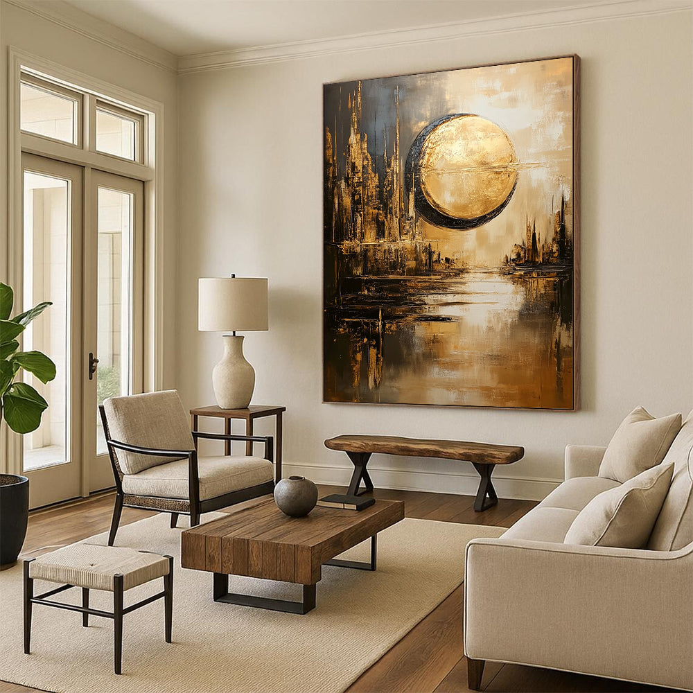 Contemporary abstract artwork features a dystopian cityscape with a sun and moon in gold and gray hues reflecting on water in a dreamy atmosphere. DLZ1094