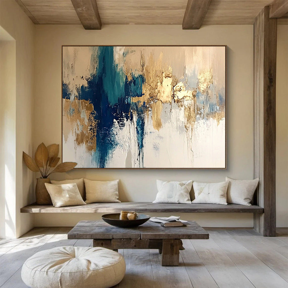 “Blue and Gold Abstract” - Beige, White, Blue, Gold, Elegant Abstract Painting On Canvas HB0964