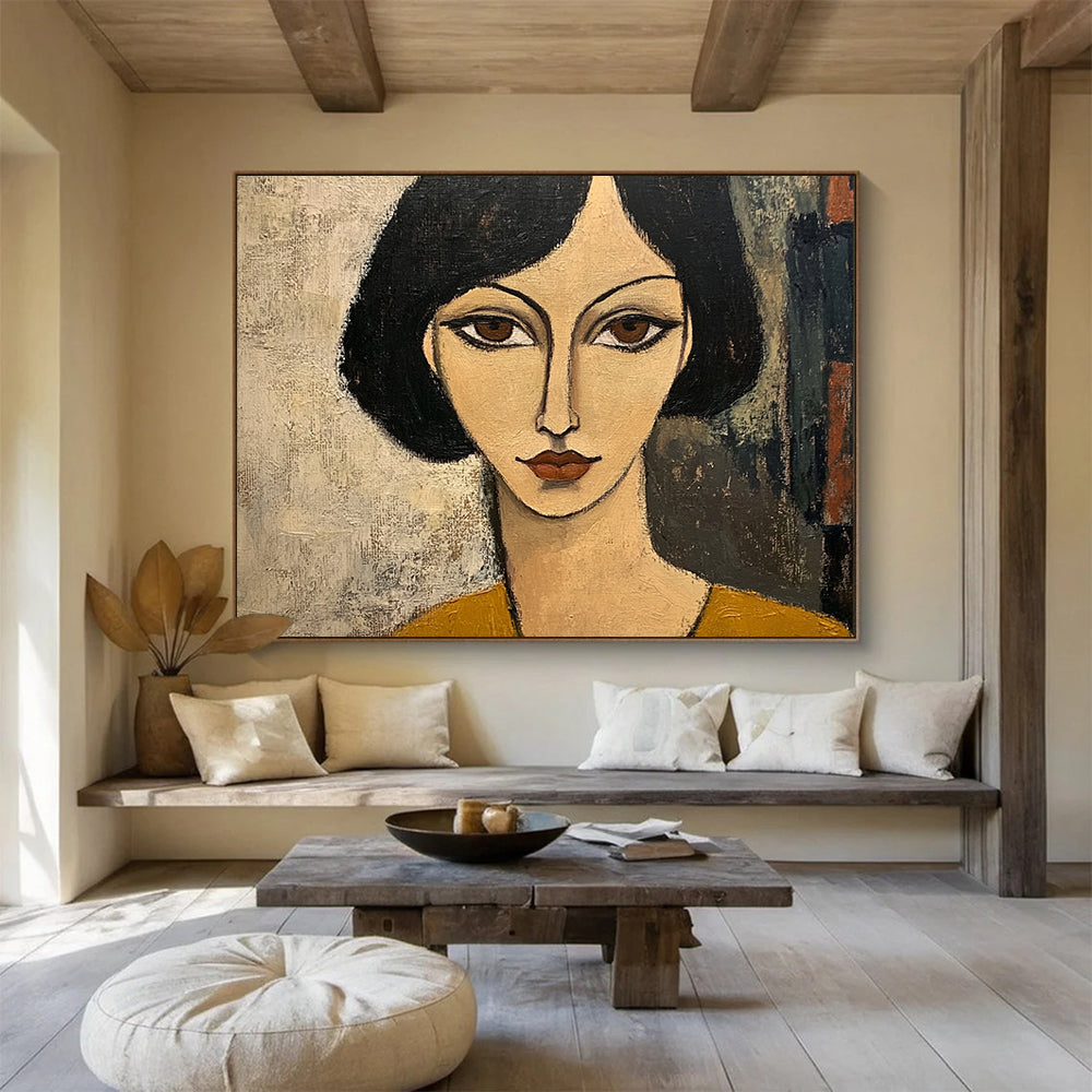 “Stylized Woman’s Portrait” - Black, Beige, Brown, Minimalist Female Face - Cubist - Inspired Acrylic Painting HB1699