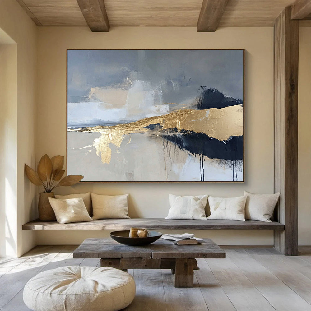 “Gilded Mist” - Gray, Gold, Black, Abstract Textured Landscape Painting On Canvas HB1068