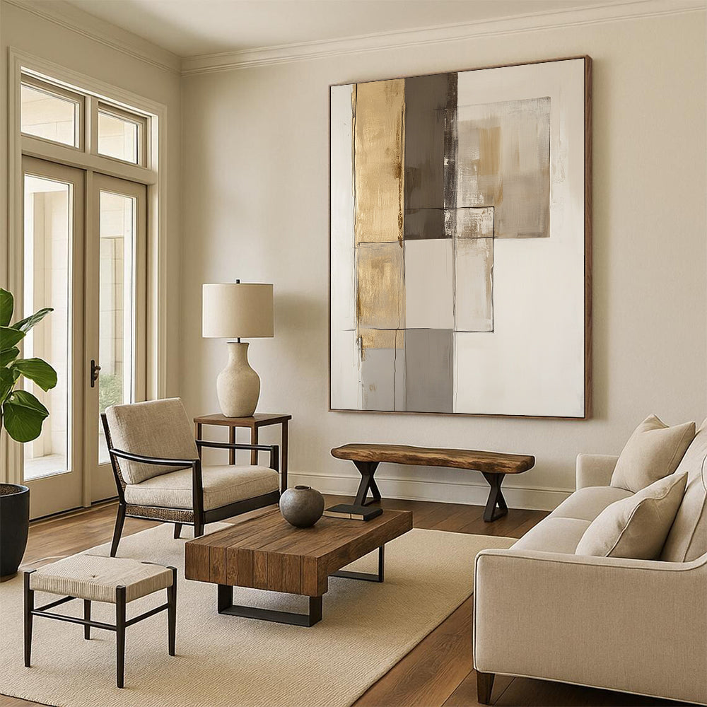 Contemporary hand-painted abstract art featuring textured brown and gold accents with smooth shades of gray on an off-white background. DLZ1070