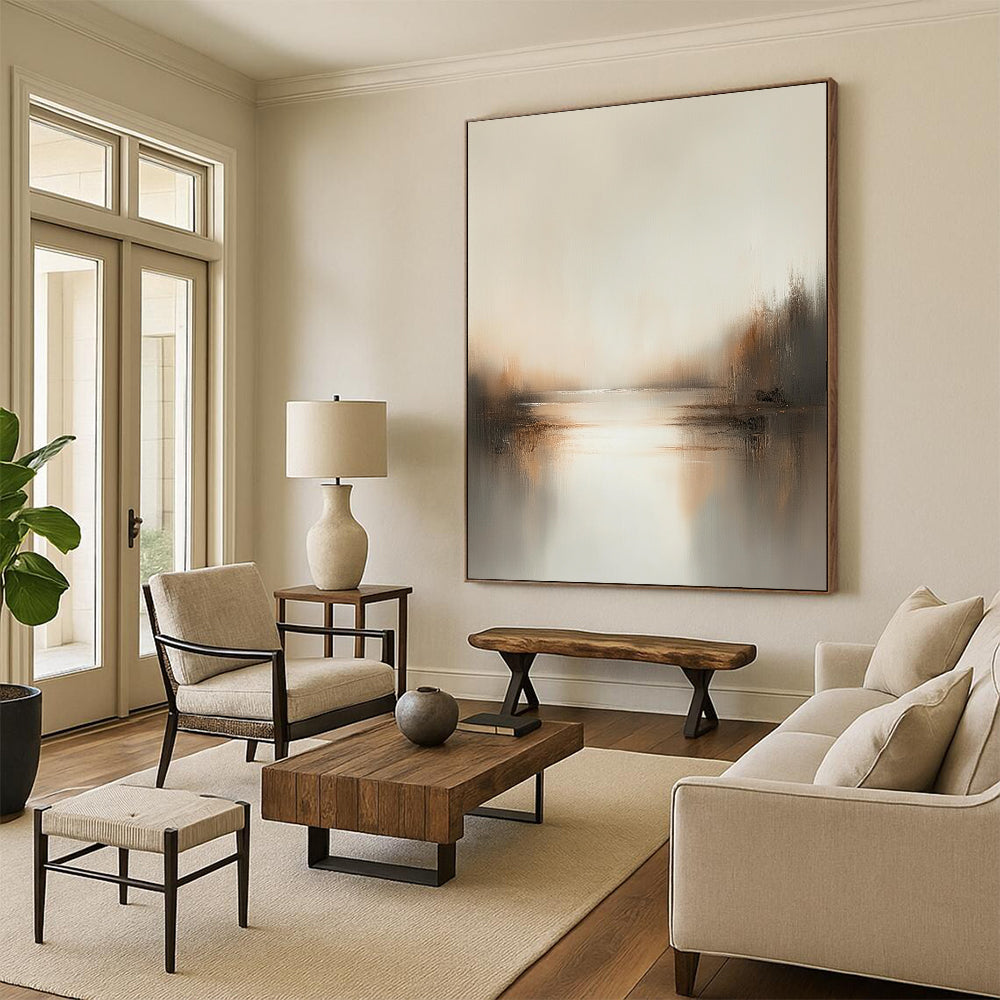 Contemporary abstract painting showcasing soft neutrals and earthy tones, enveloped in hazy light for a serene, dreamlike feel. DLZ0398