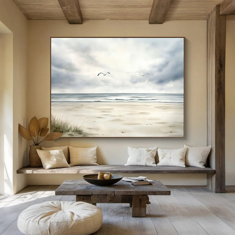 “Seagulls Over Calm Beach” - Gray, White, Serene Seaside Watercolor On Canvas HB0697