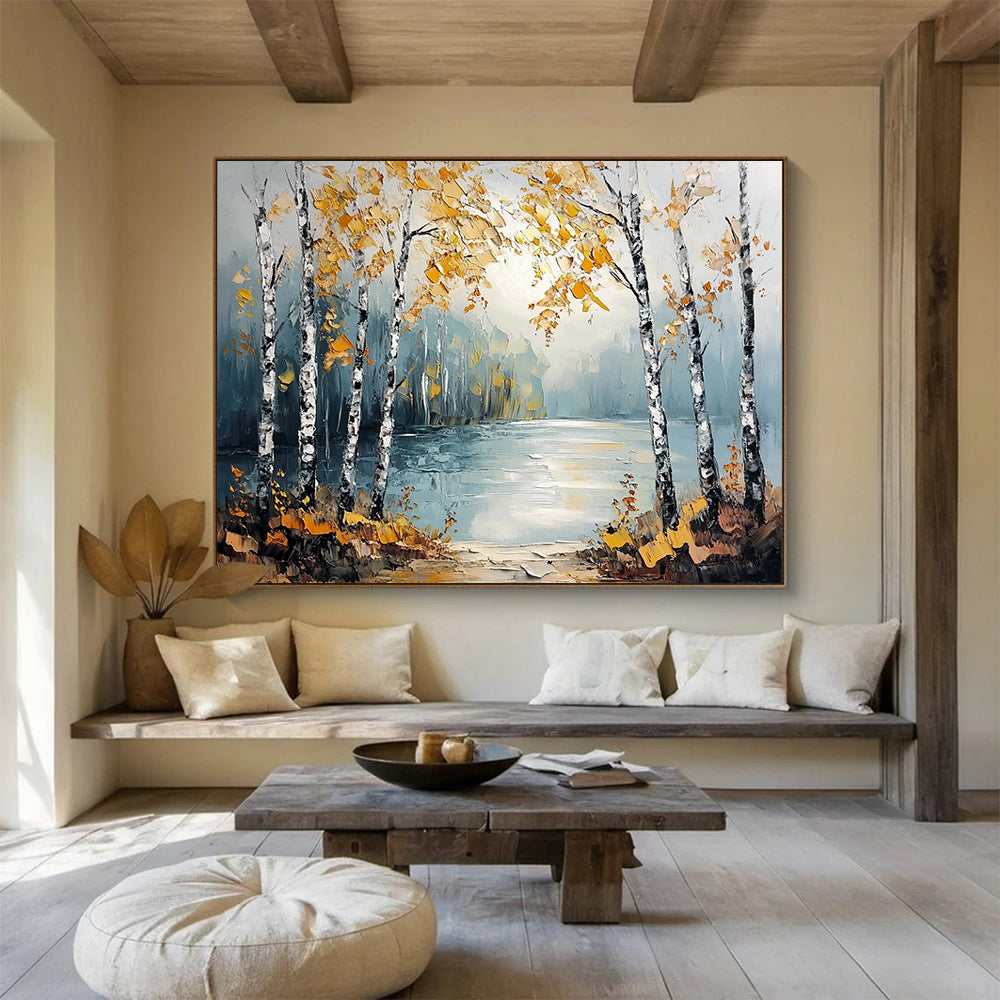 “Autumn Birch Lake” - Yellows, Blues, Whites, Birch Trees by a Lake in Autumn - Textured Oil Painting HB1707