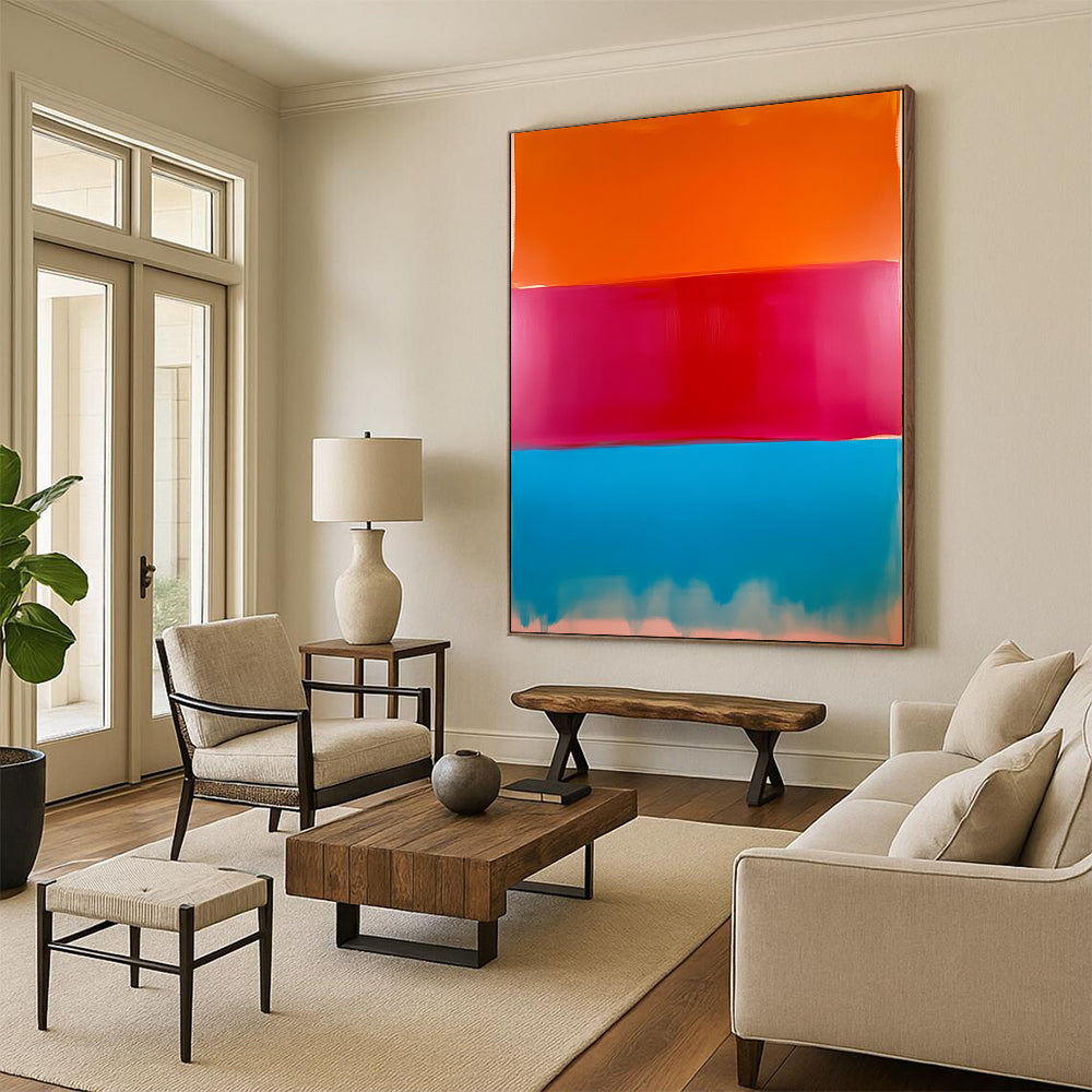 Contemporary hand-painted abstract artwork featuring a large field of color with red, peach, and bright blue vertical sections blending beautifully. DLZ1287
