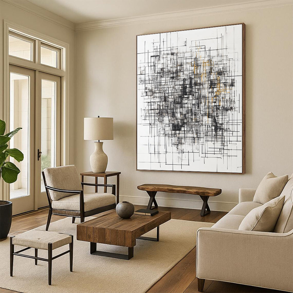 Black, White, Gray, Gold, Grid of Lines "Gilded Matrix" Abstract Minimalist Painting On Canvas HB125