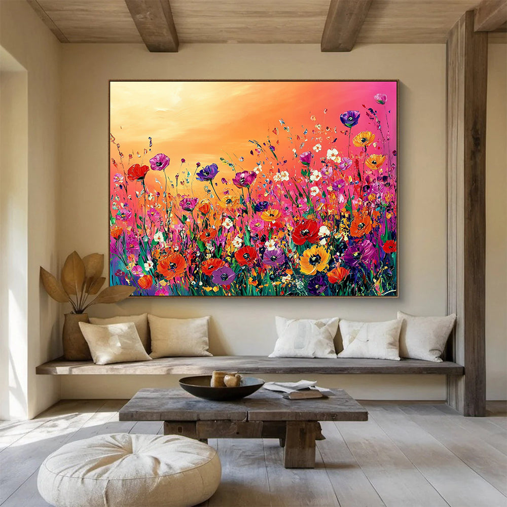 “Vibrant Flower Field” - Colorful, Flowers, Sunset Painting On Canvas HB0747