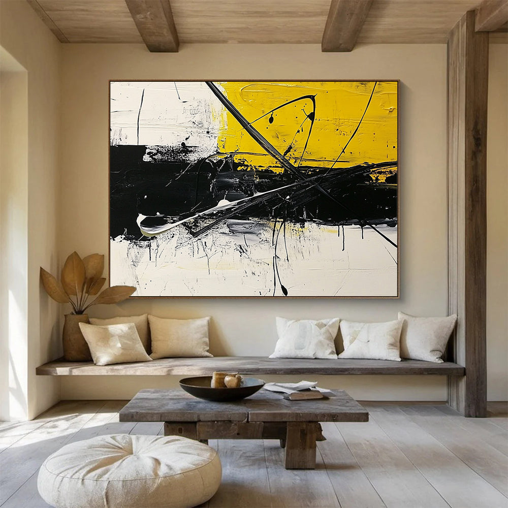 “Bold Yellow - Black Strokes” - Yellow, Black, White, Dynamic Abstract Lines - Acrylic Painting HB1626