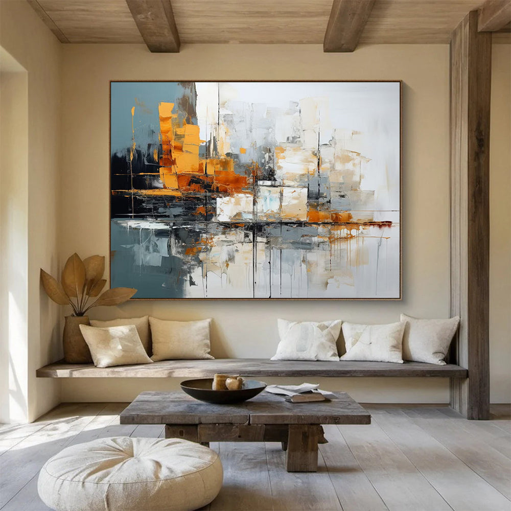 Grey - Orange Abstract Cityscape - Modern Living Room Centerpiece DLZ002