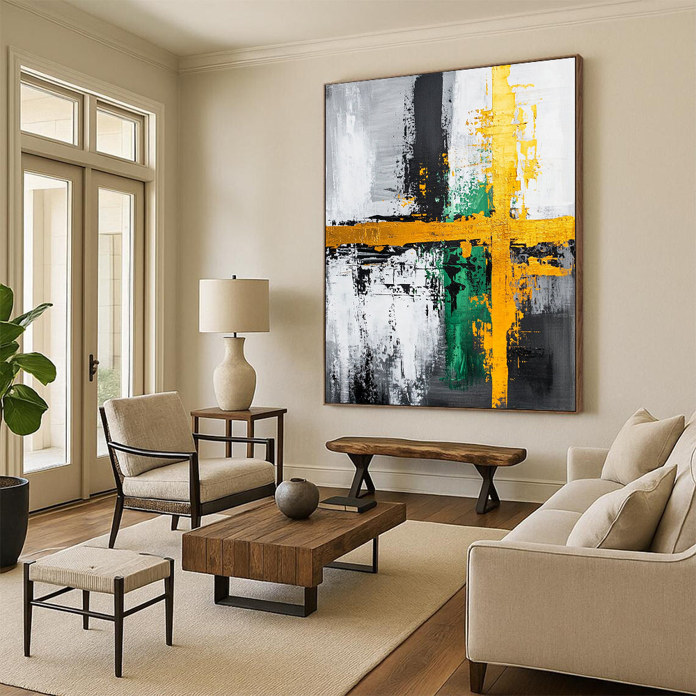 Gray, Black, Gold, Green and White Abstract Cross "Vibrant Crossroads" Painting On Canvas HB350