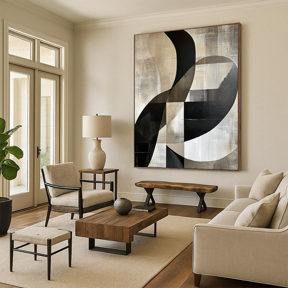 Large contemporary handcrafted abstract painting featuring gray beige and black tones with white accents smooth curves and geometric forms emphasizing negative space and light-shadow interplay. DLZ1371