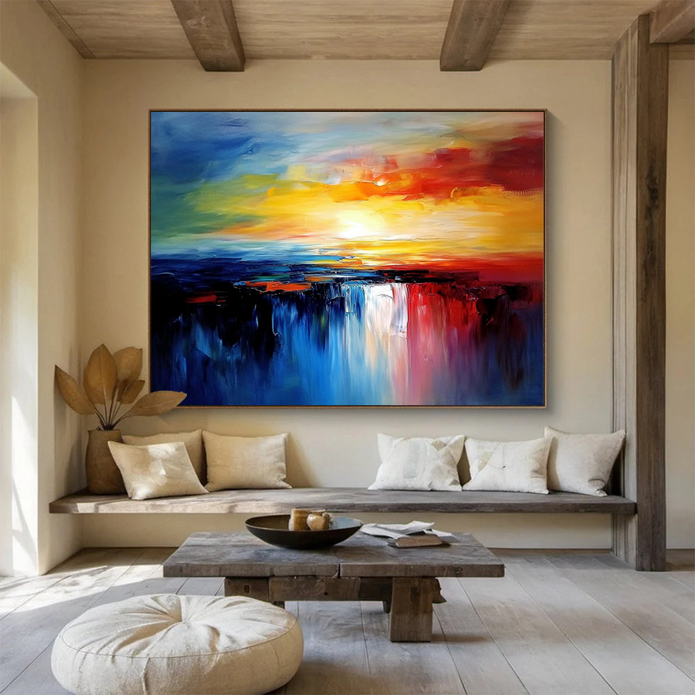 Vibrant Sunset Waterfall - Colorful Abstract Landscape Painting On Canvas HB0431