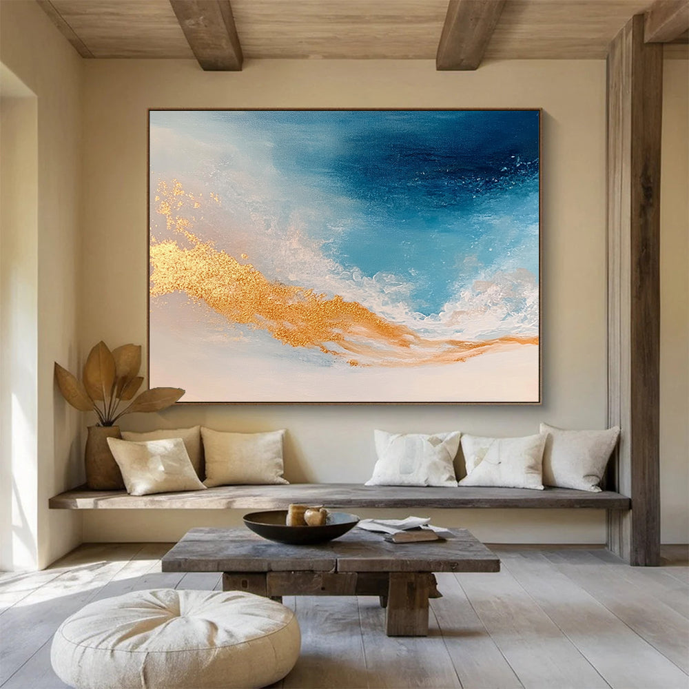 “Blue and Gold Ocean Waves” - Blue, Gold, White, Abstract Ocean Waves Painting On Canvas HB0971