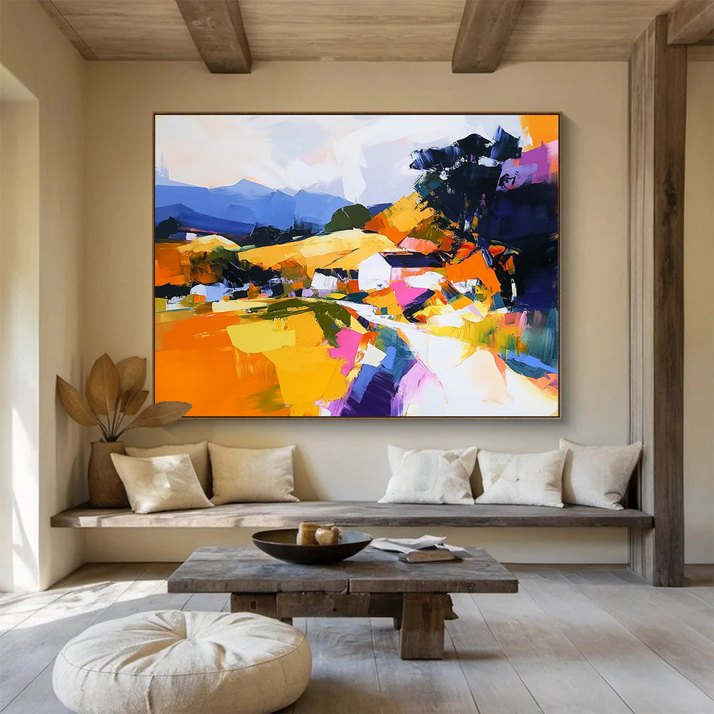 “Colorful Abstract Village” - Orange, Yellow, Pink, Purple, Abstract Village Landscape Painting On Canvas HB1115