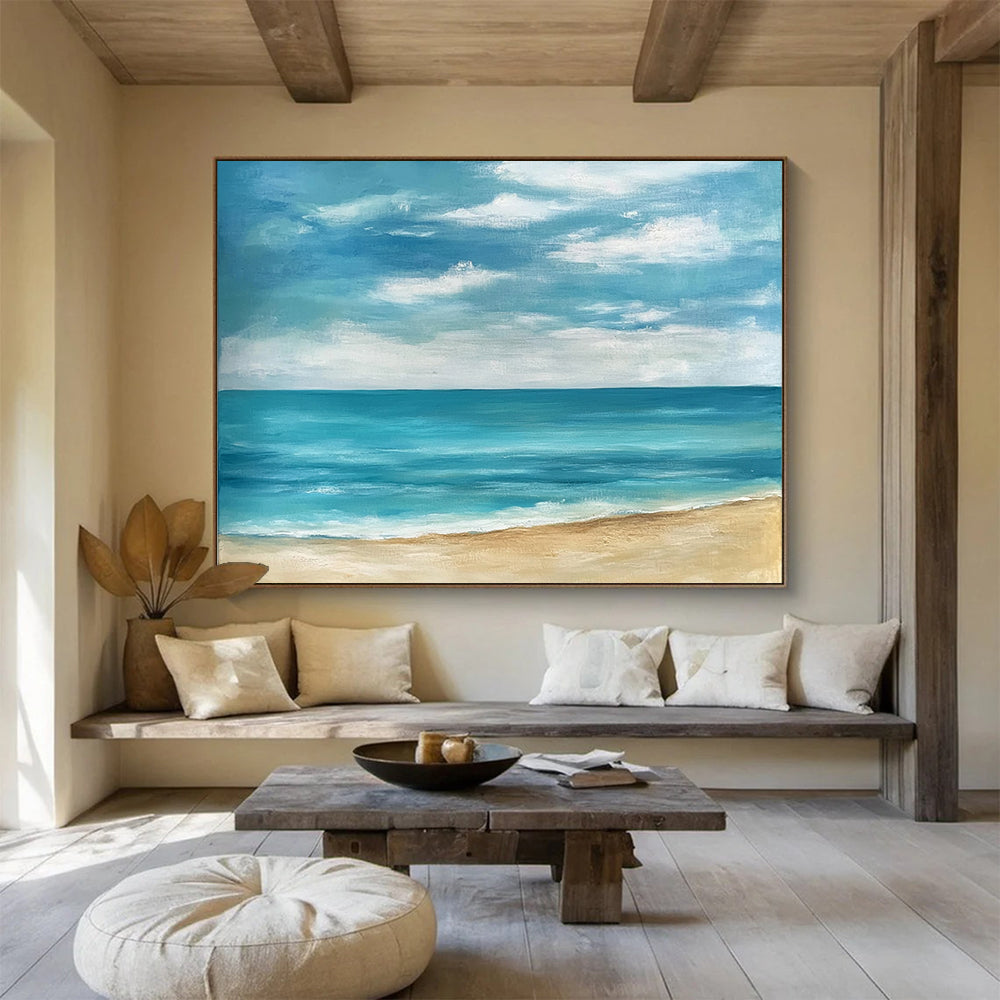 “Simple Coastal View” - Blues, Whites, Browns, Minimalist Beach - Acrylic Painting HB1602