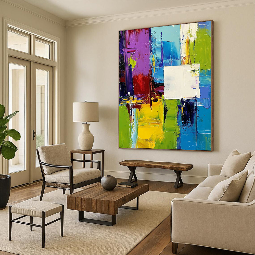 Contemporary hand-painted abstract artwork featuring vibrant green blue purple yellow palette with dynamic shapes and overlapping white squares creating depth and movement. DLZ0773