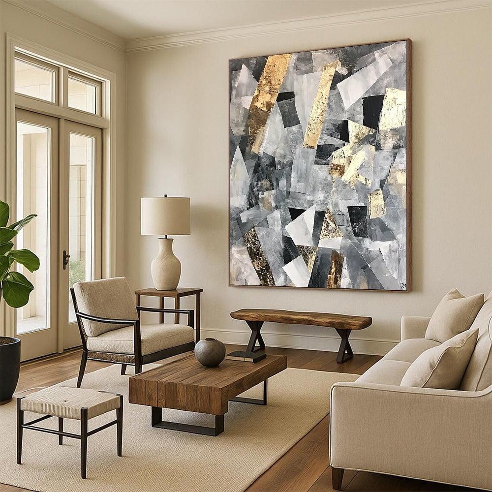 Gray, Black, White and Gold Abstract Collage "Urban Mosaic" Painting On Canvas HB369