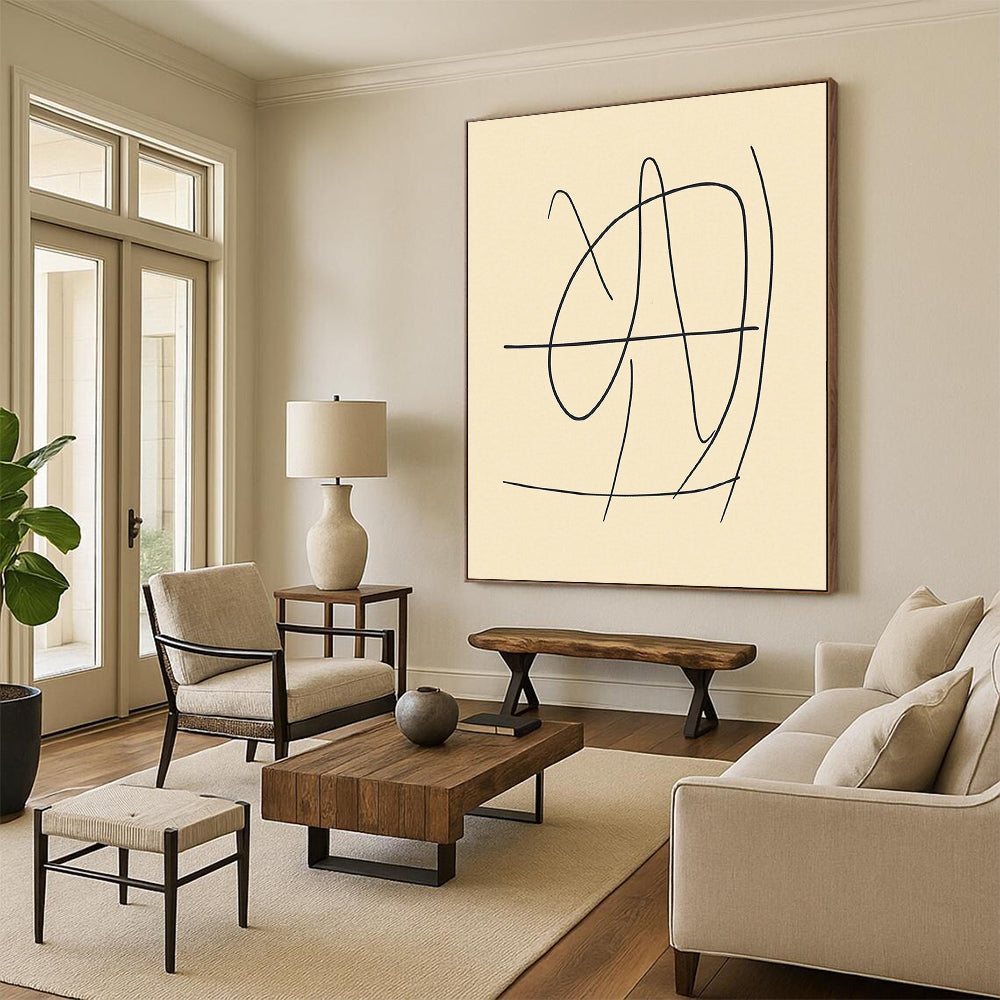 Contemporary abstract art featuring a minimalistic line drawing of the number 4 in black on beige, inspired by Matisse's style. DLZ0422
