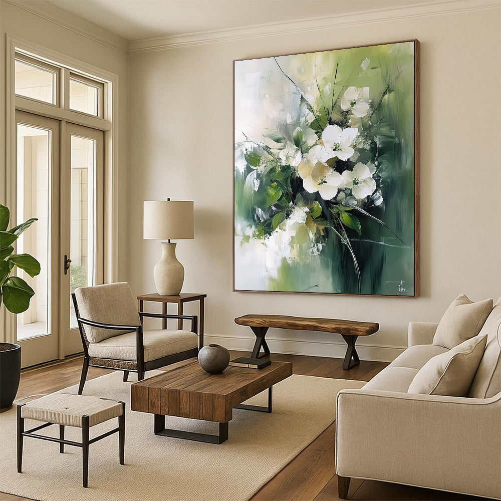 Contemporary abstract painting features white flowers and green leaves with a luminous palette and blurred edges on a neutral green background. DLZ0670