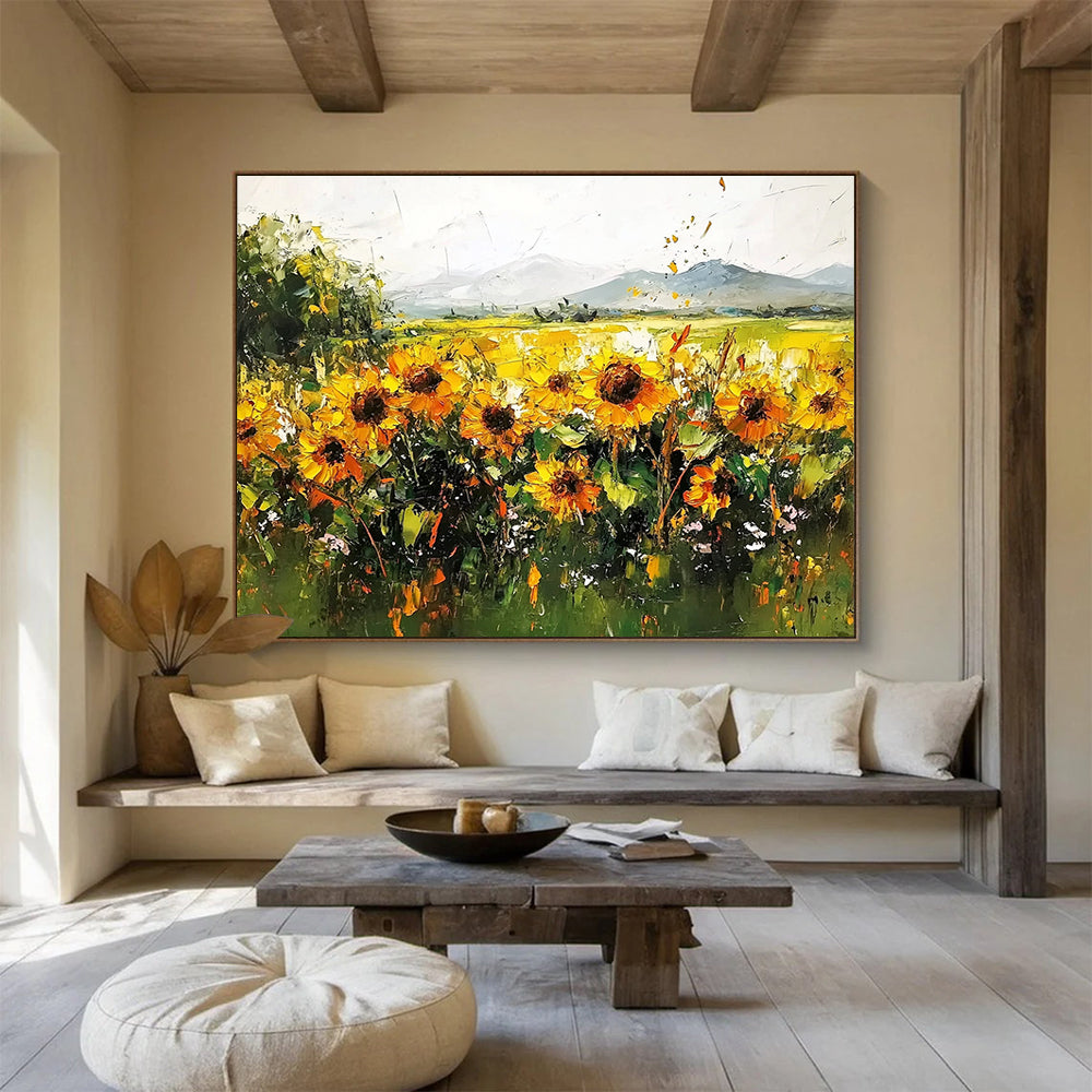 “Sunflower Field Impasto” - Thickly painted sunflowers in gold and green, Impasto Landscape Painting On Canvas HB0542