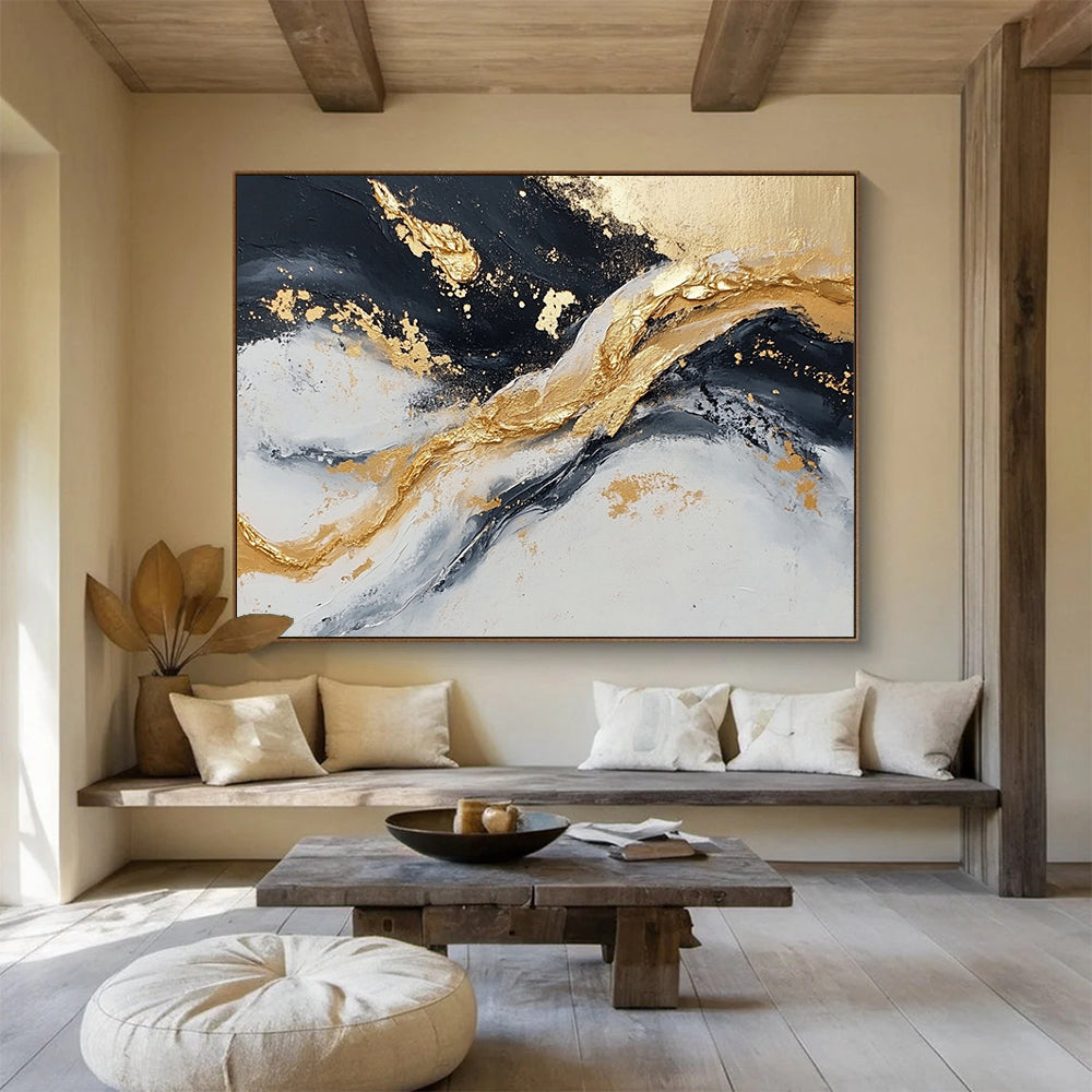 “Textured Gold - Black Wave Motion” - Gold, Black, Gray, Textured Waves Painting On Canvas HB0809