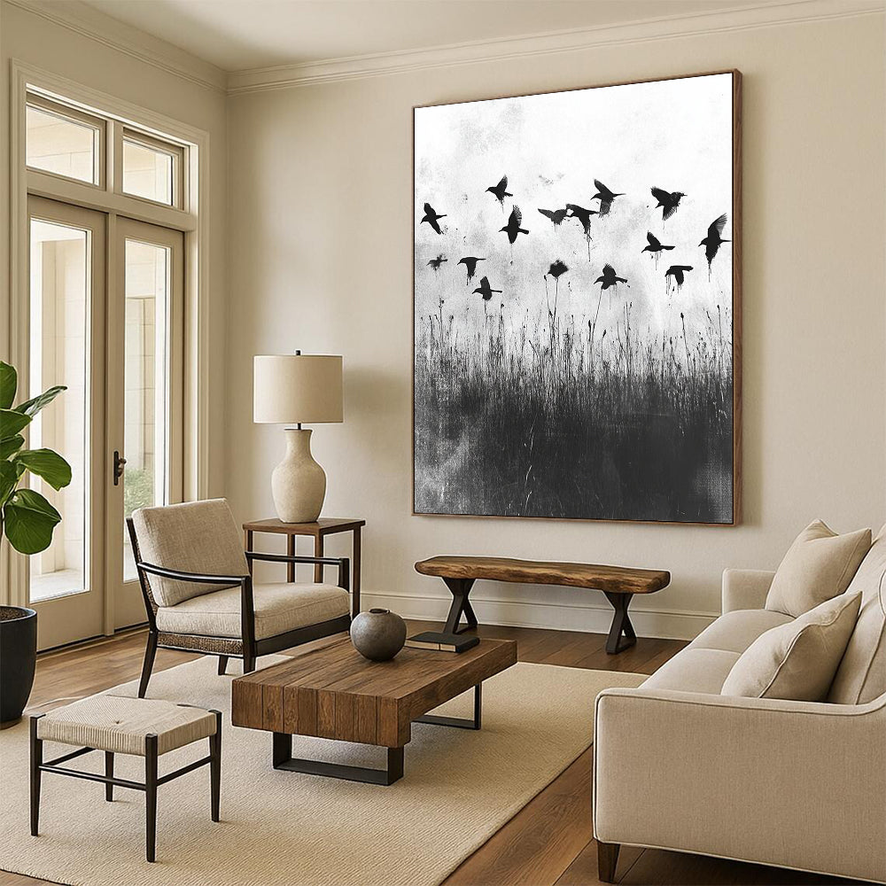 Black and White Birds in Field "Misty Flight" Painting On Canvas HB301