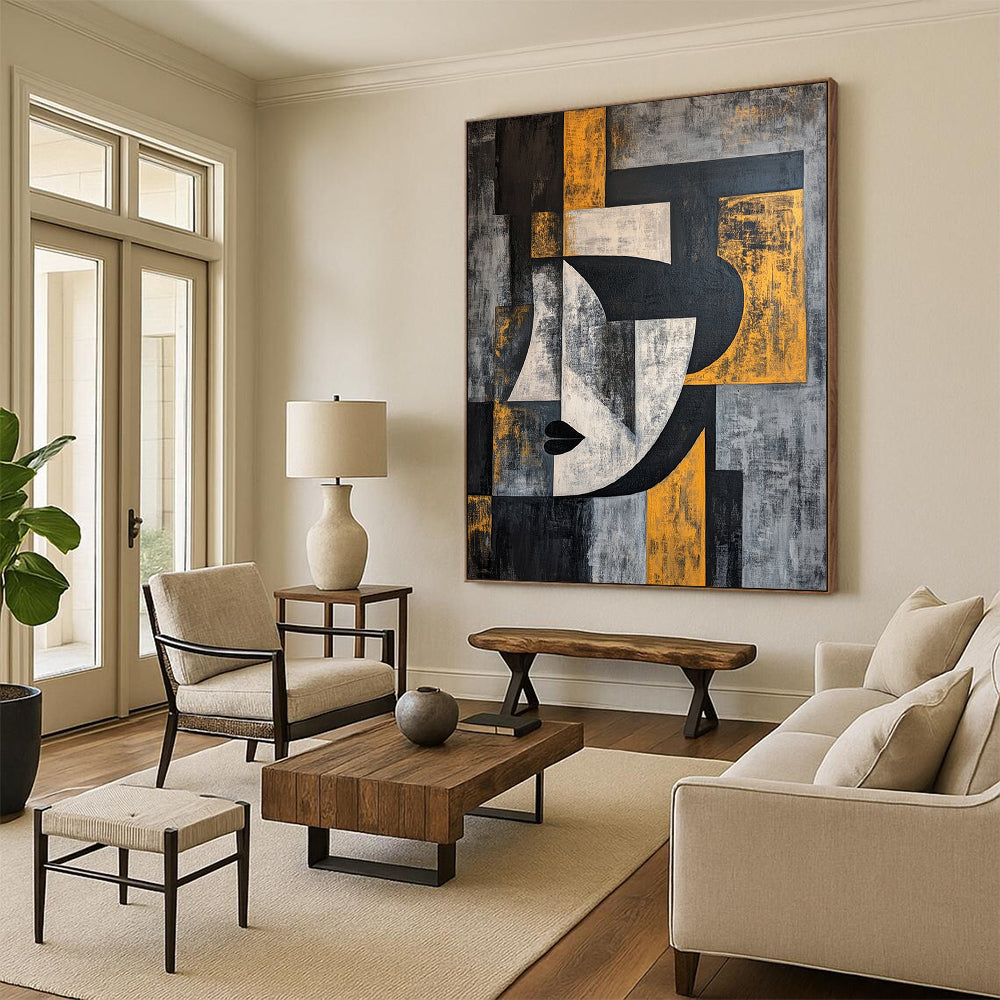 Gray, Black, White and Yellow Cubist Portrait "Abstract Identity" Painting On Canvas HB373