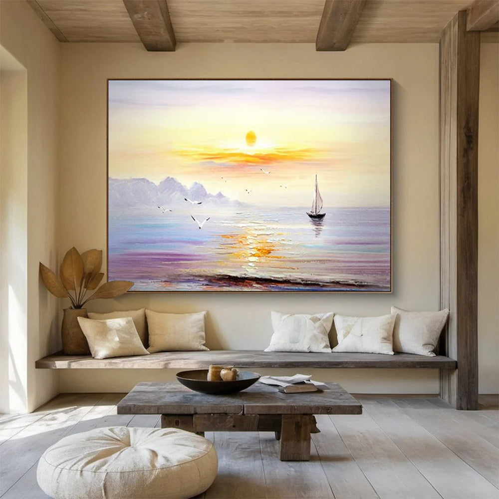 Sunset Sea Sailboat Oil Painting - Large Coastal Living Room Art DLZ181