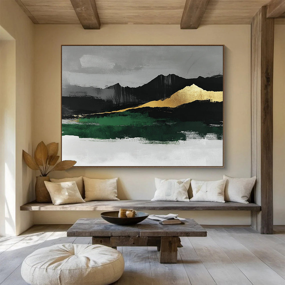 “Gold - Mountain Landscape with Green” - Gold, Green, Black, Gray, Mountain Shapes Painting On Canvas HB0808
