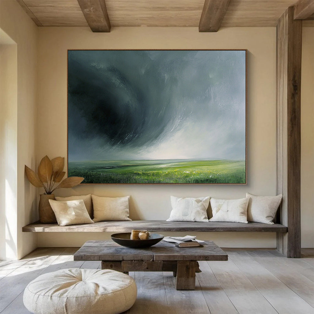 “Stormy Green Horizon” - Dark gray storm, lush green field, Dramatic Landscape Painting On Canvas HB0579
