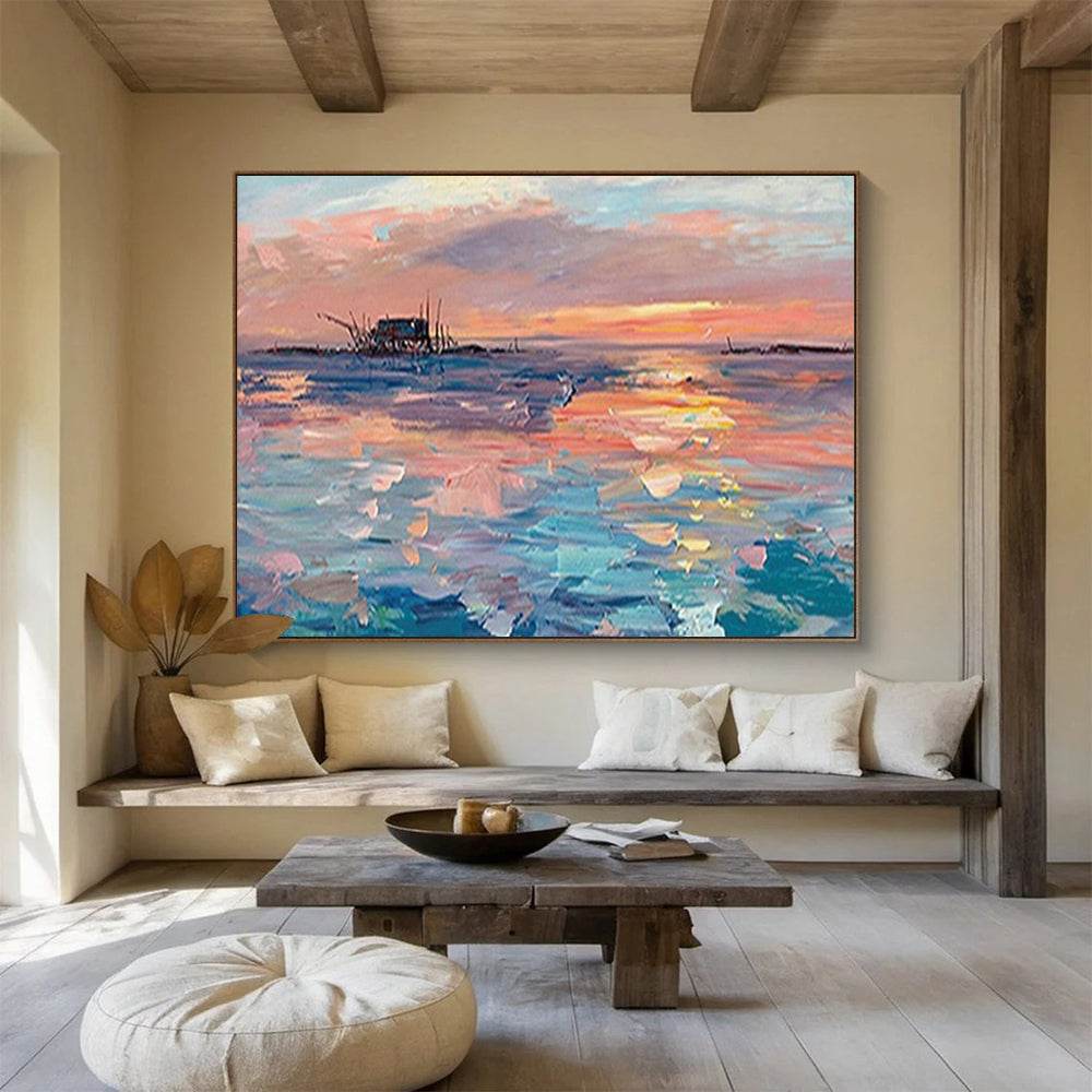 Sunset Sea Shack Oil Painting - Coastal Living Room or Office Art DLZ205