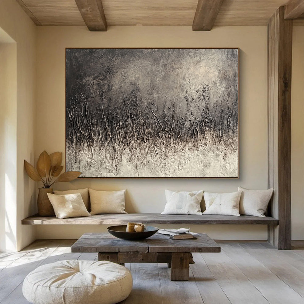 “Textured Gray Field” - Dark gray texture, grass - like forms, Textural Abstract Painting On Canvas HB0557
