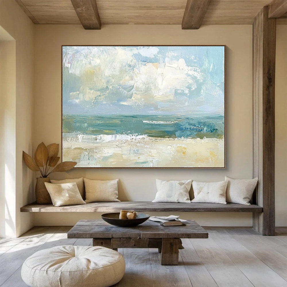 “Abstract Coastal View” - Muted Blues, Greens, Beiges, Textured Beach Scene - Oil Painting HB1613