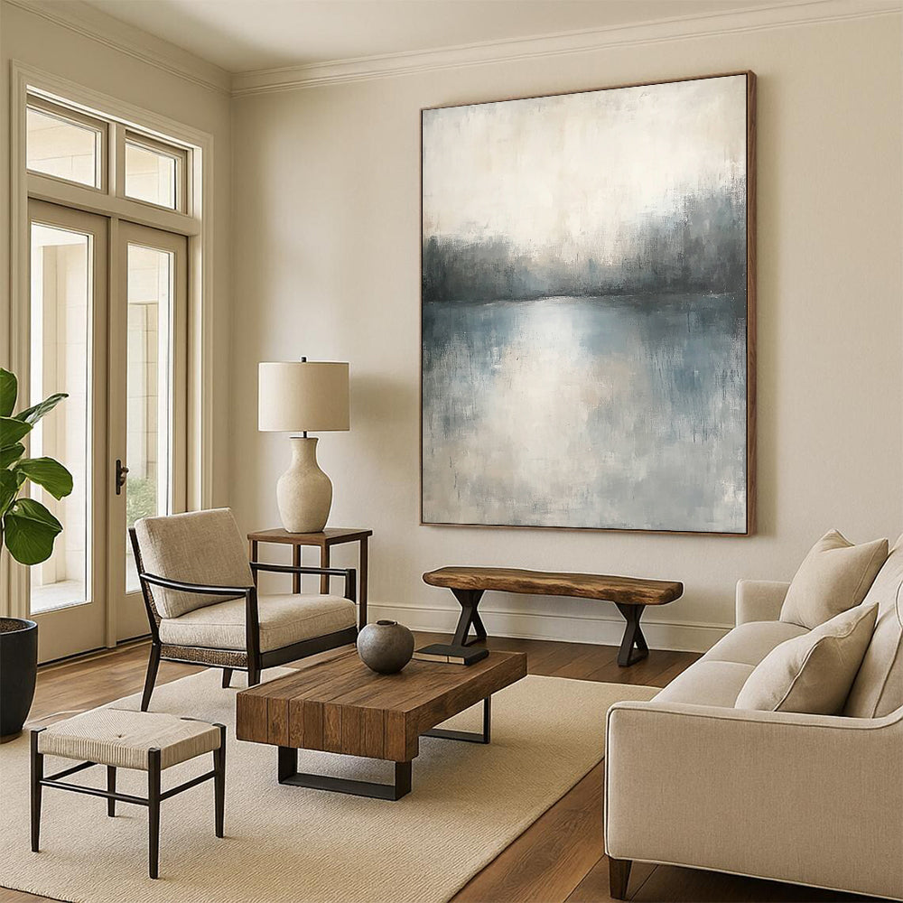Contemporary abstract painting featuring muted tones and soft textures creating a serene, dreamlike landscape with subtle gradients and blurred edges. DLZ0443