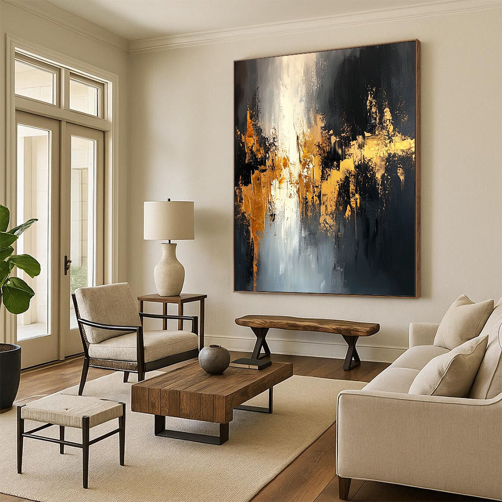 Contemporary hand-painted abstract art featuring black and gold tones with dynamic brushstrokes creating a mysterious urban landscape and intricate depth. DLZ0699