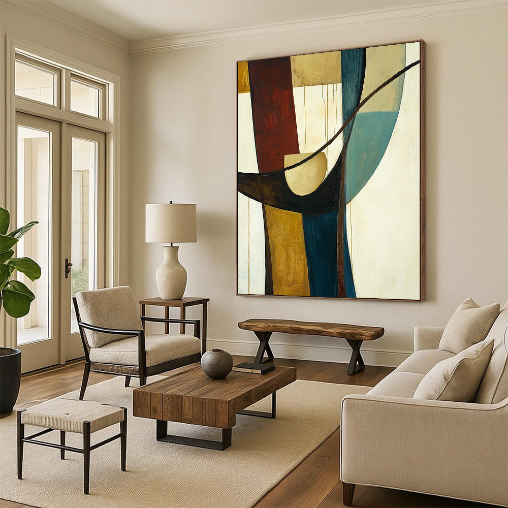 Large contemporary hand-painted abstract art featuring vertical lines, a circular shape, and curved elements in earthy tones of brown and blue-green. DLZ1395