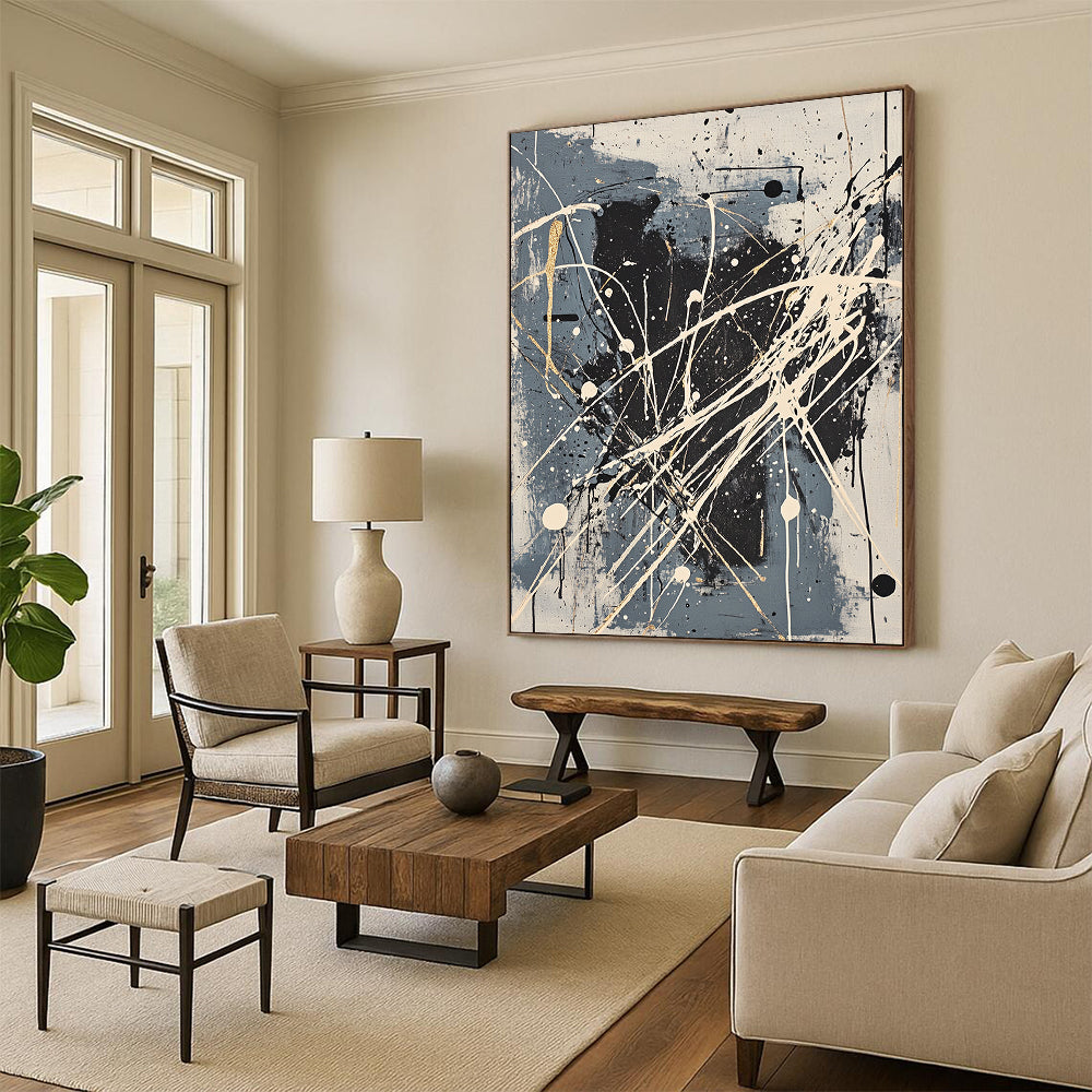Gray, Black, White, Gold, Intricate Splatters "Gilded Galaxy" Abstract Pollock - Inspired Painting On Canvas HB053