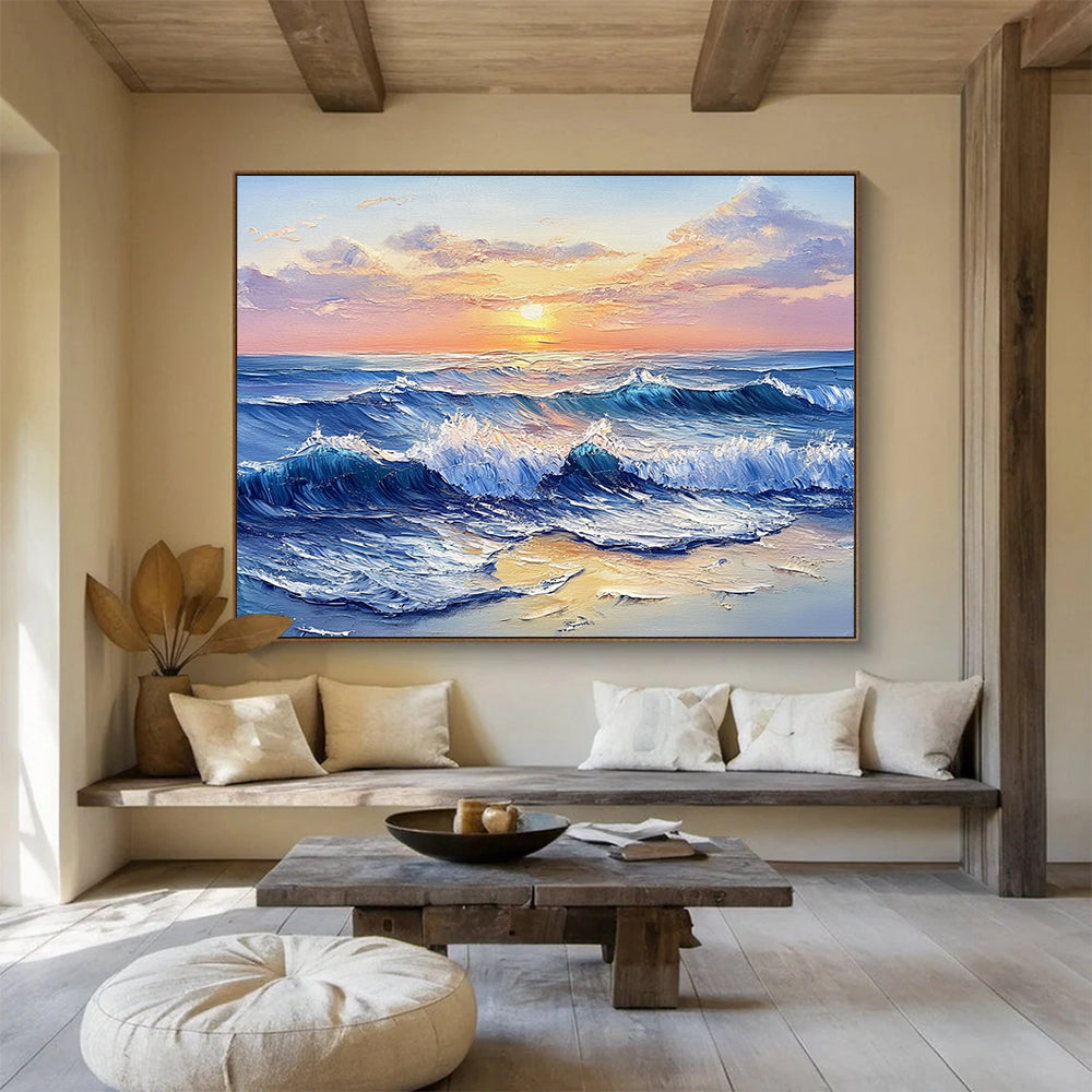 “Sunset Sea Waves” - Blues, Oranges, Yellows, Ocean Waves at Sunset - Impasto Oil Painting HB1706