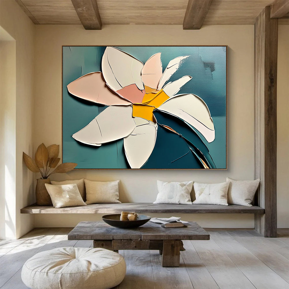 “Abstract Petal Layers” - Pink, White, Yellow, Teal, 3D - like Floral Collage Painting On Canvas HB1104