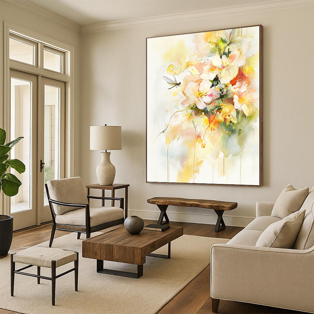 Contemporary abstract art featuring vibrant watercolor flowers and leaves with delicate gold accents a serene dragonfly and light yellow tones on a white background. DLZ1082